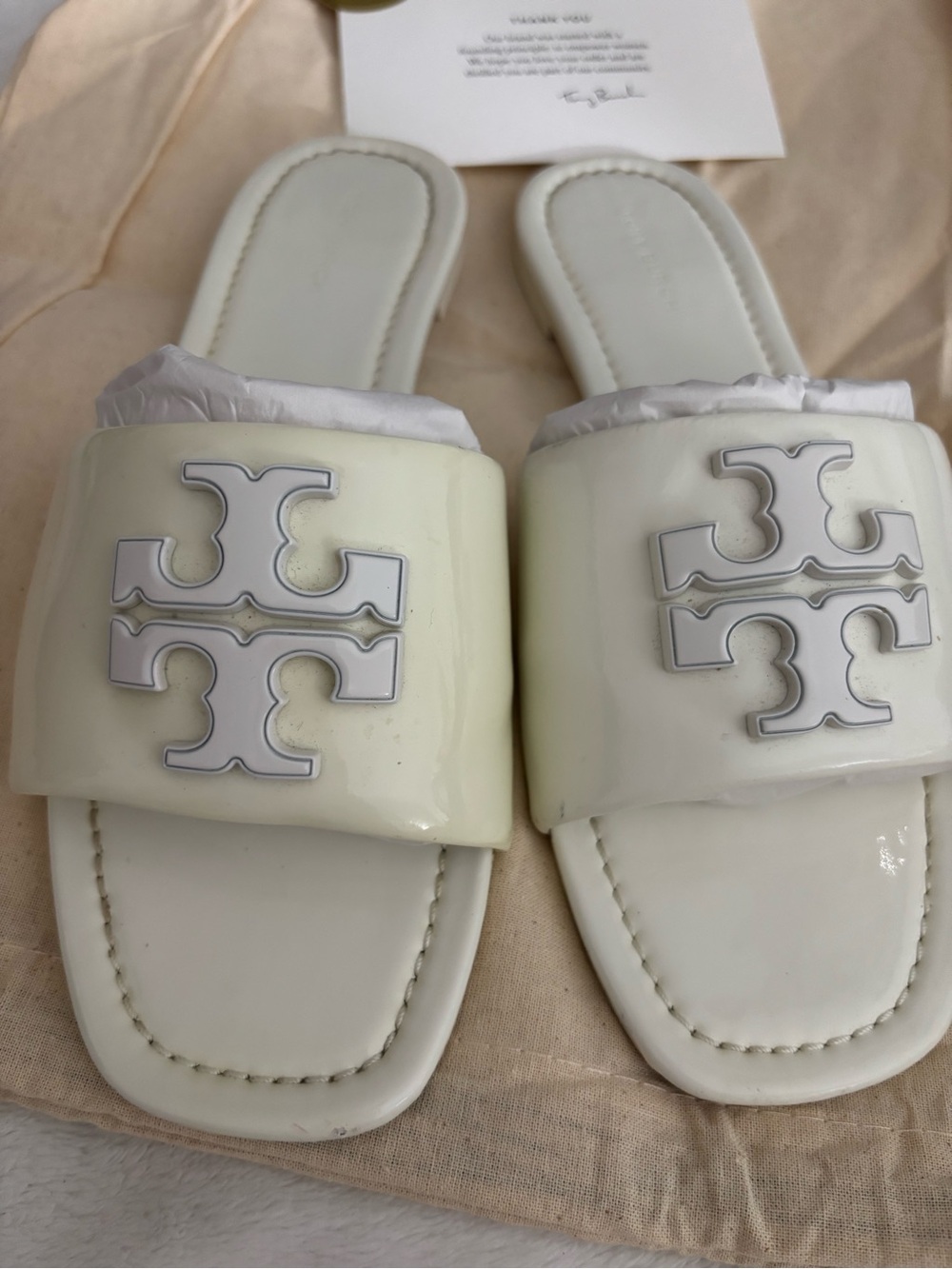 Tory Burch Cream Patent Logo Slide Sandals USED